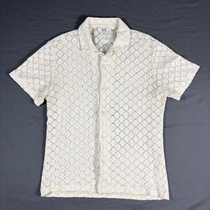 Cactus Man Mens Beige Knit Medium Floral Button Down Shirt Short Sleeve
